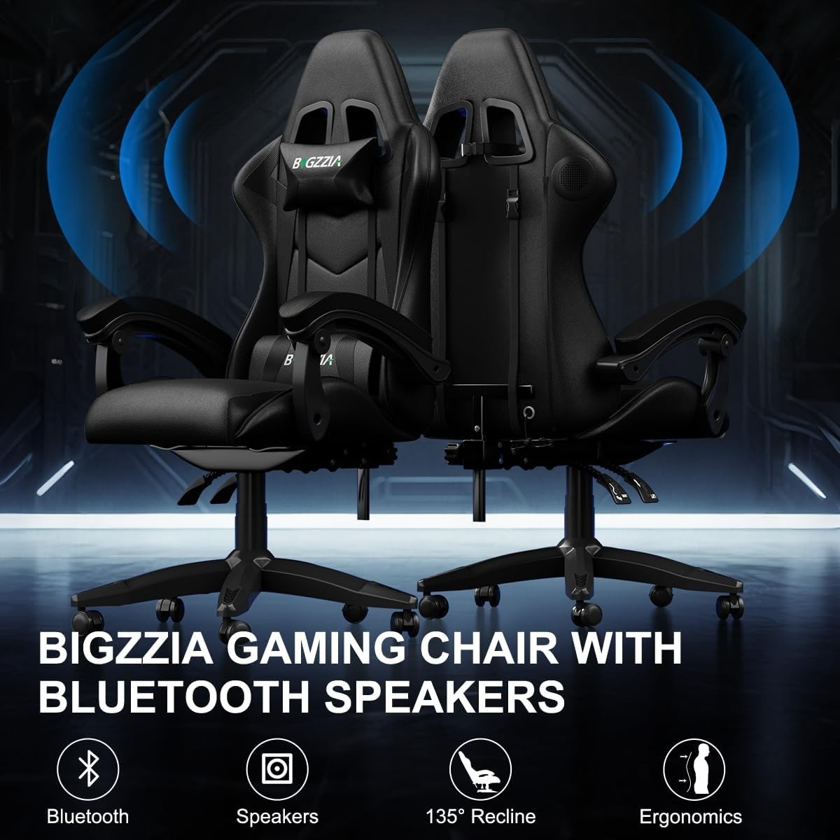 Gaming Chair with Bluetooth Speakers Reclining Ergonomic Black - Kwikley