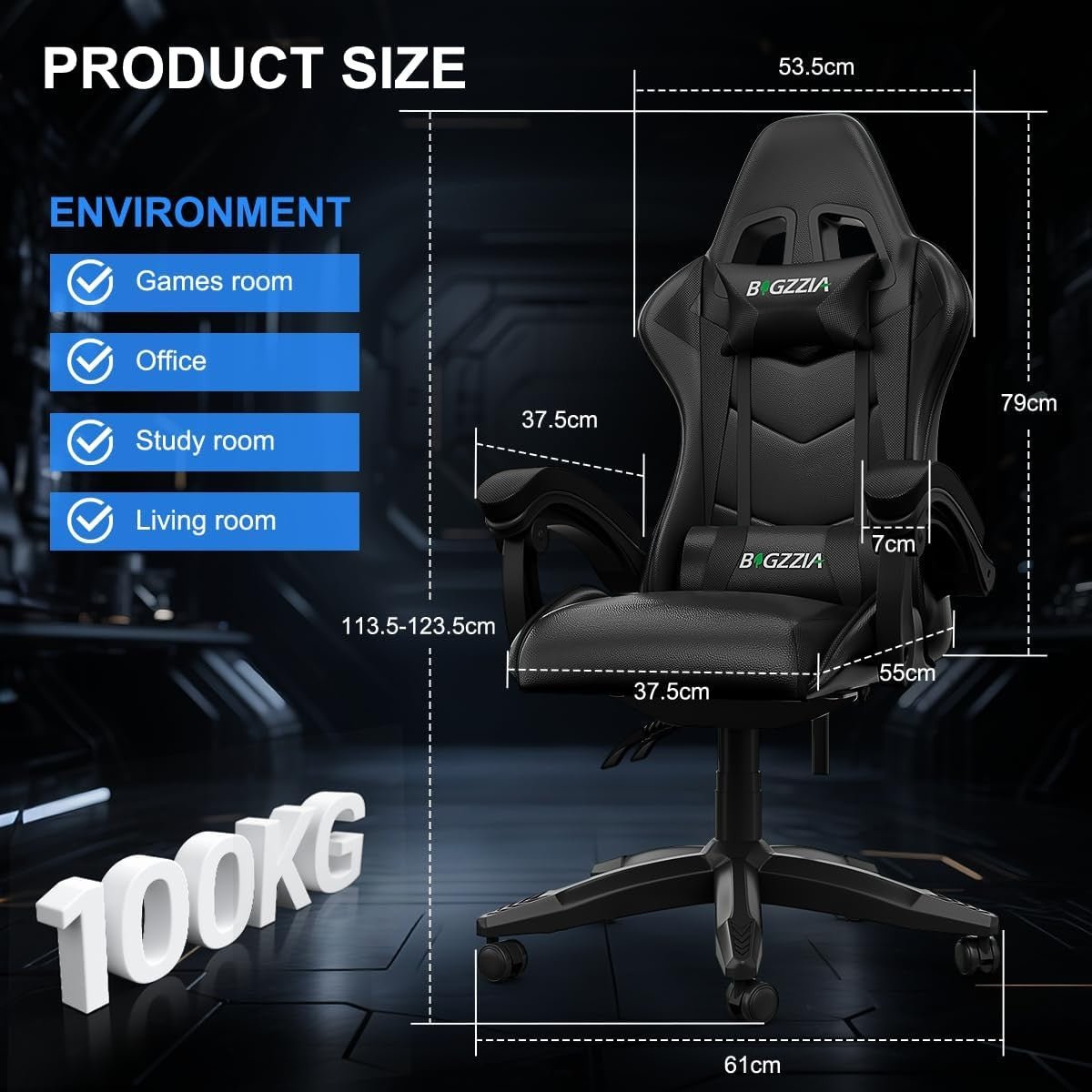 Gaming Chair with Bluetooth Speakers Reclining Ergonomic Black - Kwikley