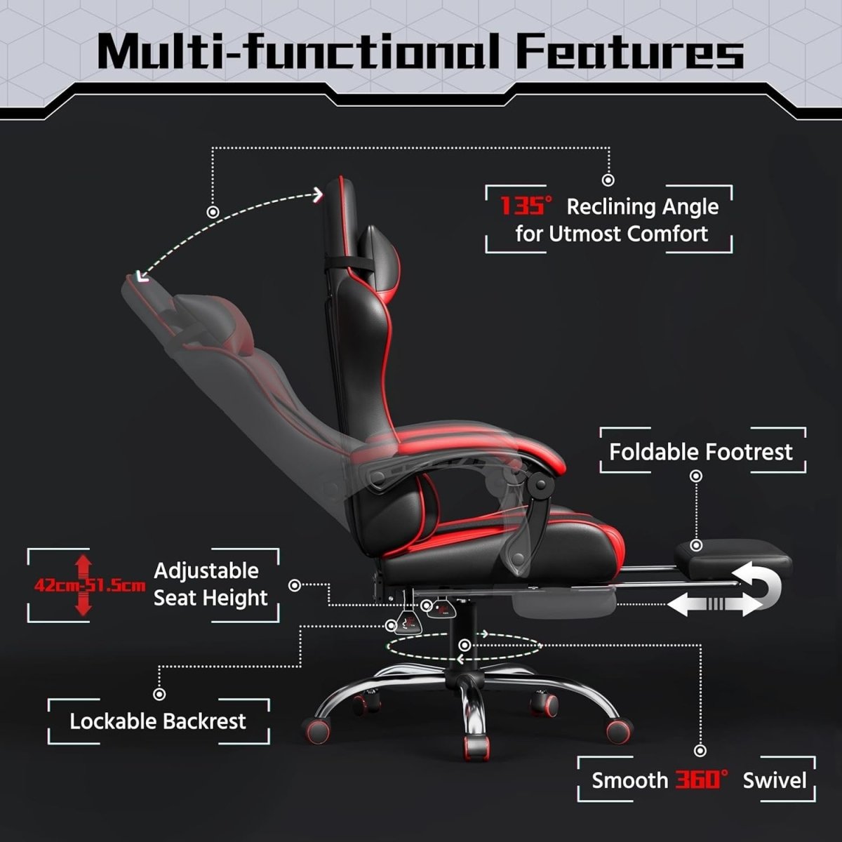 Gaming Chair with Footrest Massage Reclining Ergonomic Black Red - Kwikley