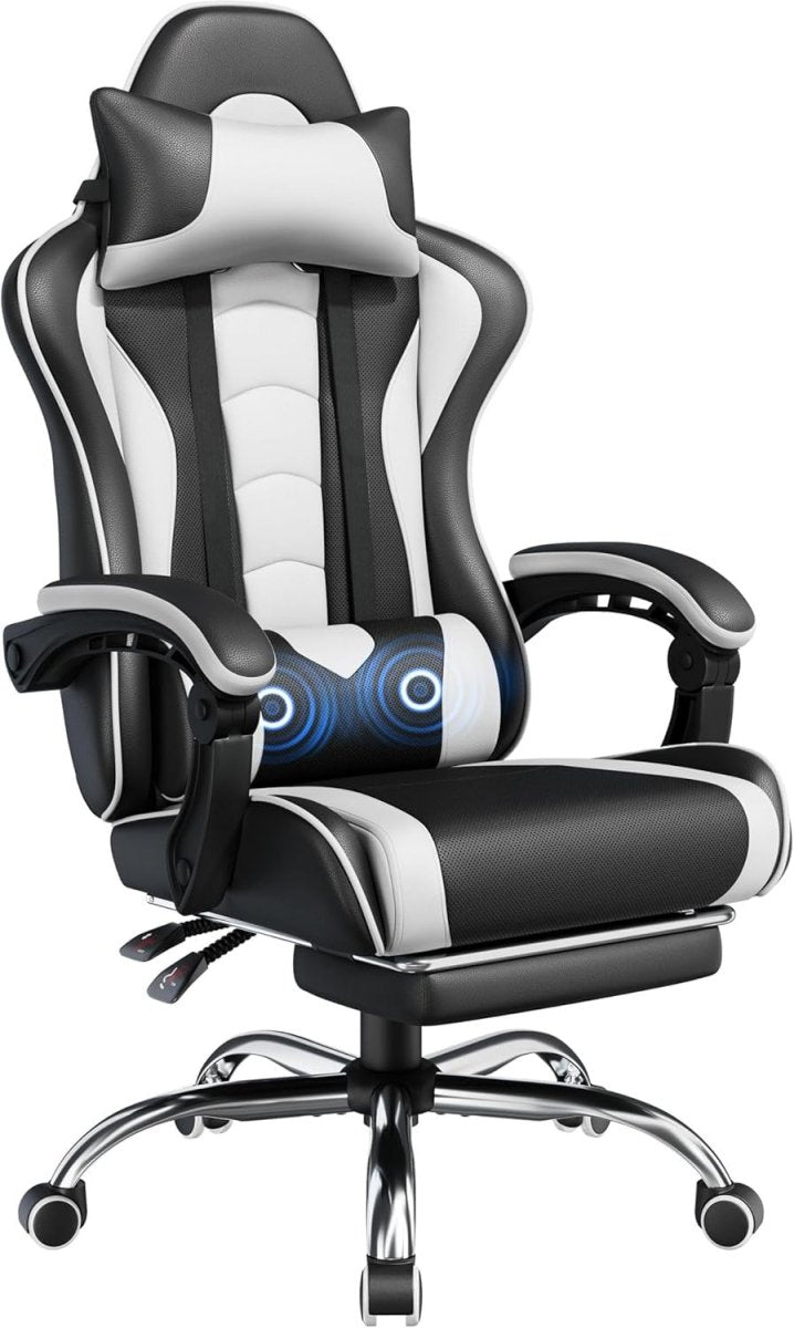Gaming Chair with Footrest Massage Reclining Ergonomic Black White - Kwikley