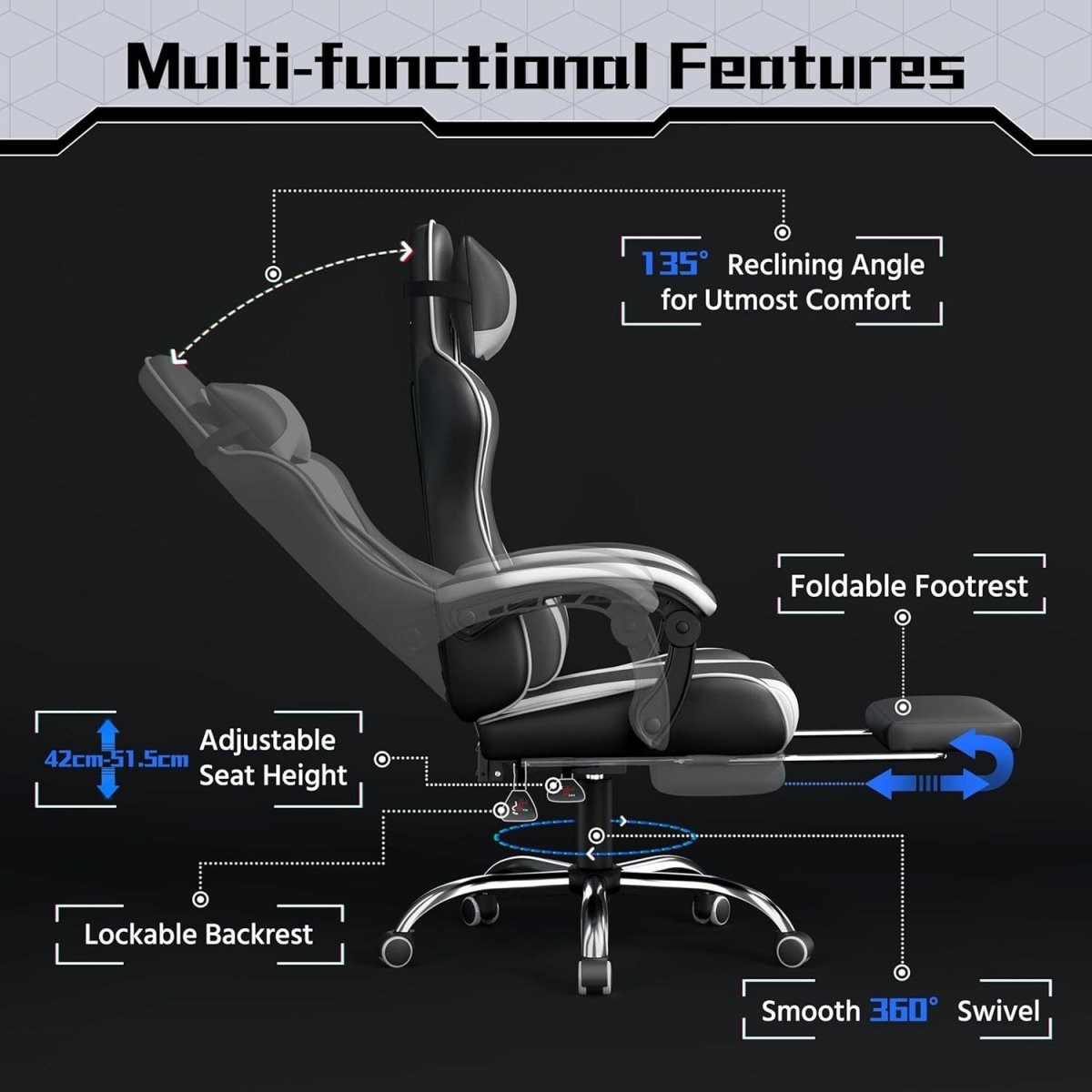 Gaming Chair with Footrest Massage Reclining Ergonomic Black White - Kwikley