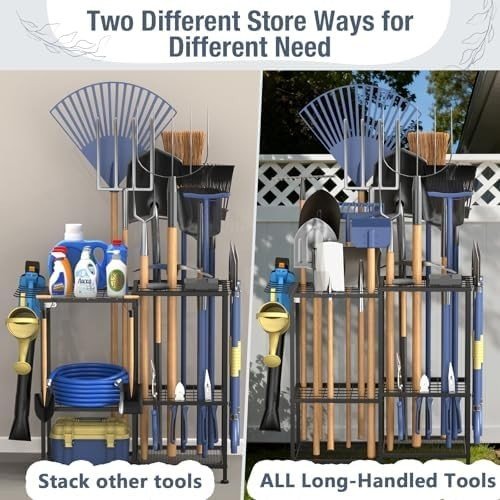 Garden Tool Organizer Rack with Side Pouch Holds 70 Rakes Shovels Brooms - Kwikley