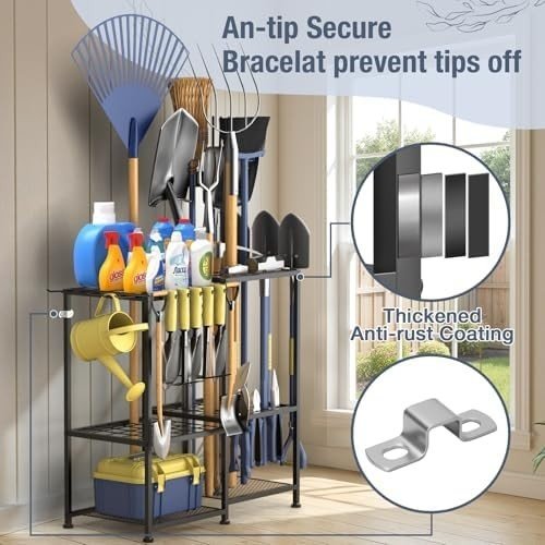 Garden Tool Organizer Rack with Side Pouch Holds 70 Rakes Shovels Brooms - Kwikley