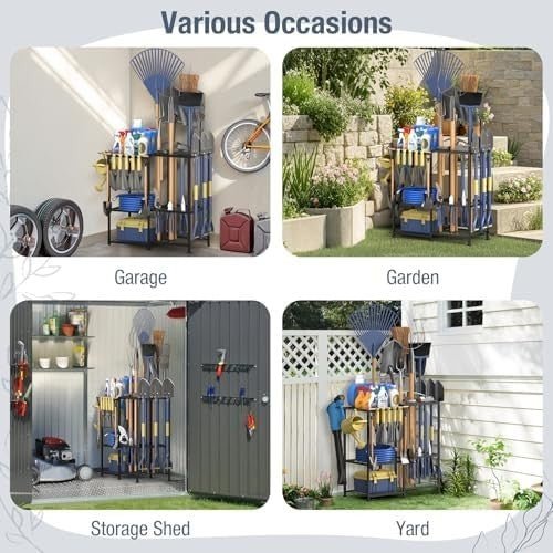 Garden Tool Organizer Rack with Side Pouch Holds 70 Rakes Shovels Brooms - Kwikley