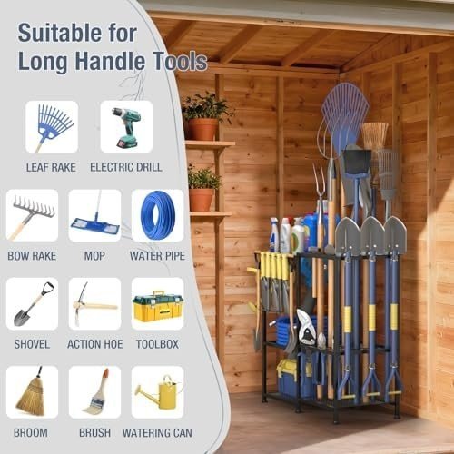 Garden Tool Organizer Rack with Side Pouch Holds 70 Rakes Shovels Brooms - Kwikley