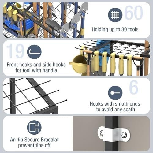 Garden Tool Organizer Rack with Side Pouch Holds 70 Rakes Shovels Brooms - Kwikley