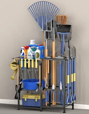 Garden Tool Organizer Rack with Side Pouch Holds 70 Rakes Shovels Brooms - Kwikley