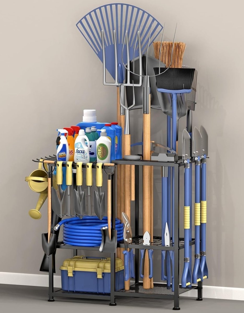 Garden Tool Organizer Rack with Side Pouch Holds 70 Rakes Shovels Brooms - Kwikley