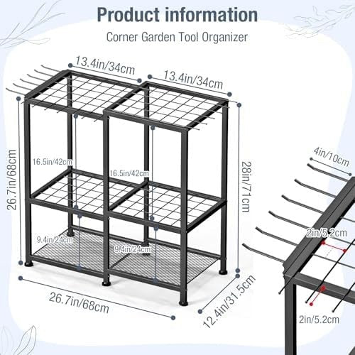 Garden Tool Organizer Rack with Side Pouch Holds 70 Rakes Shovels Brooms - Kwikley