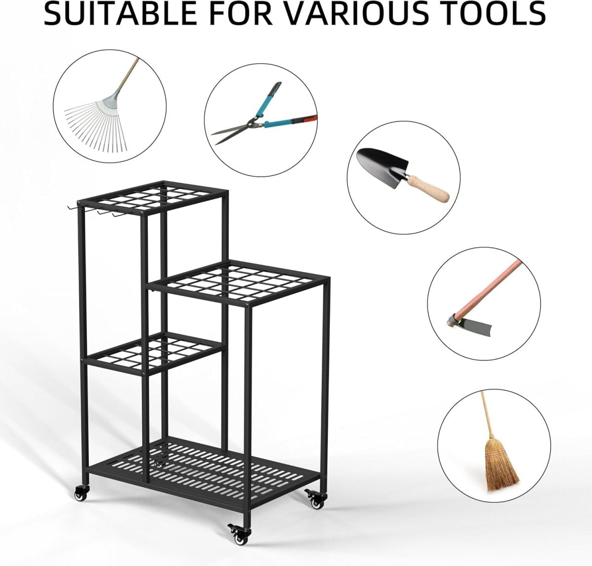 Garden Tool Organizer Rack with Wheels 40 Tool Storage Holder - Kwikley