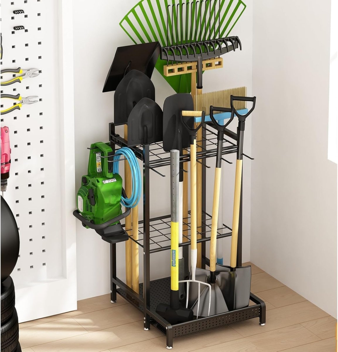 Garden Tool Storage Rack Metal Organizer Stand with Hooks - Kwikley