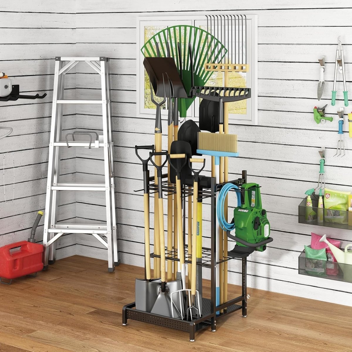 Garden Tool Storage Rack Metal Organizer Stand with Hooks - Kwikley