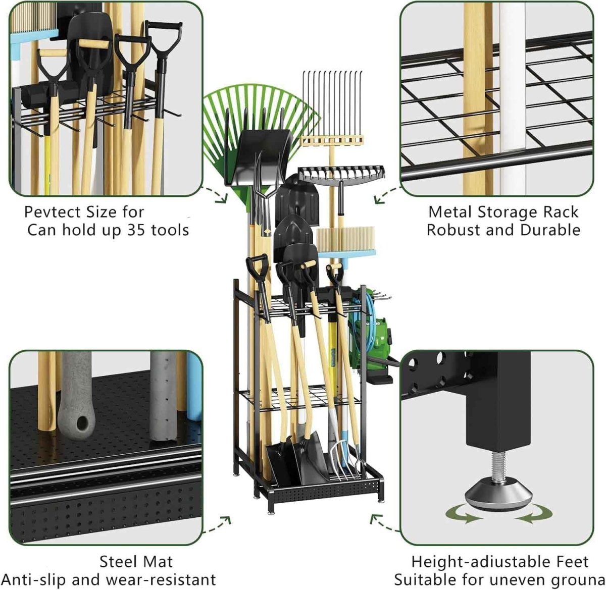 Garden Tool Storage Rack Metal Organizer Stand with Hooks - Kwikley