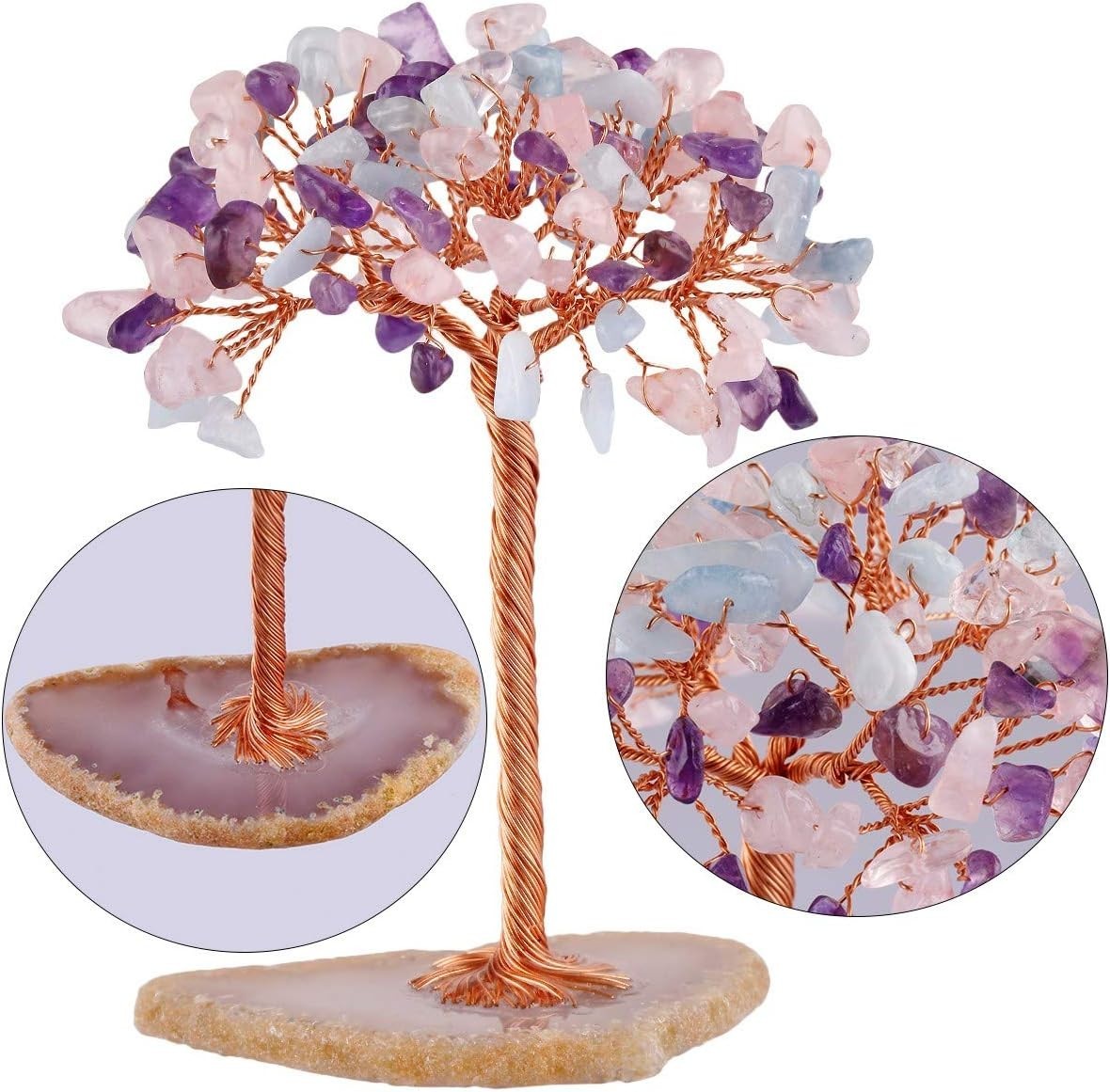 Gemstone Money Tree Healing Crystal Ornament Pink & Purple Agate Base Décor Gift - Kwikley