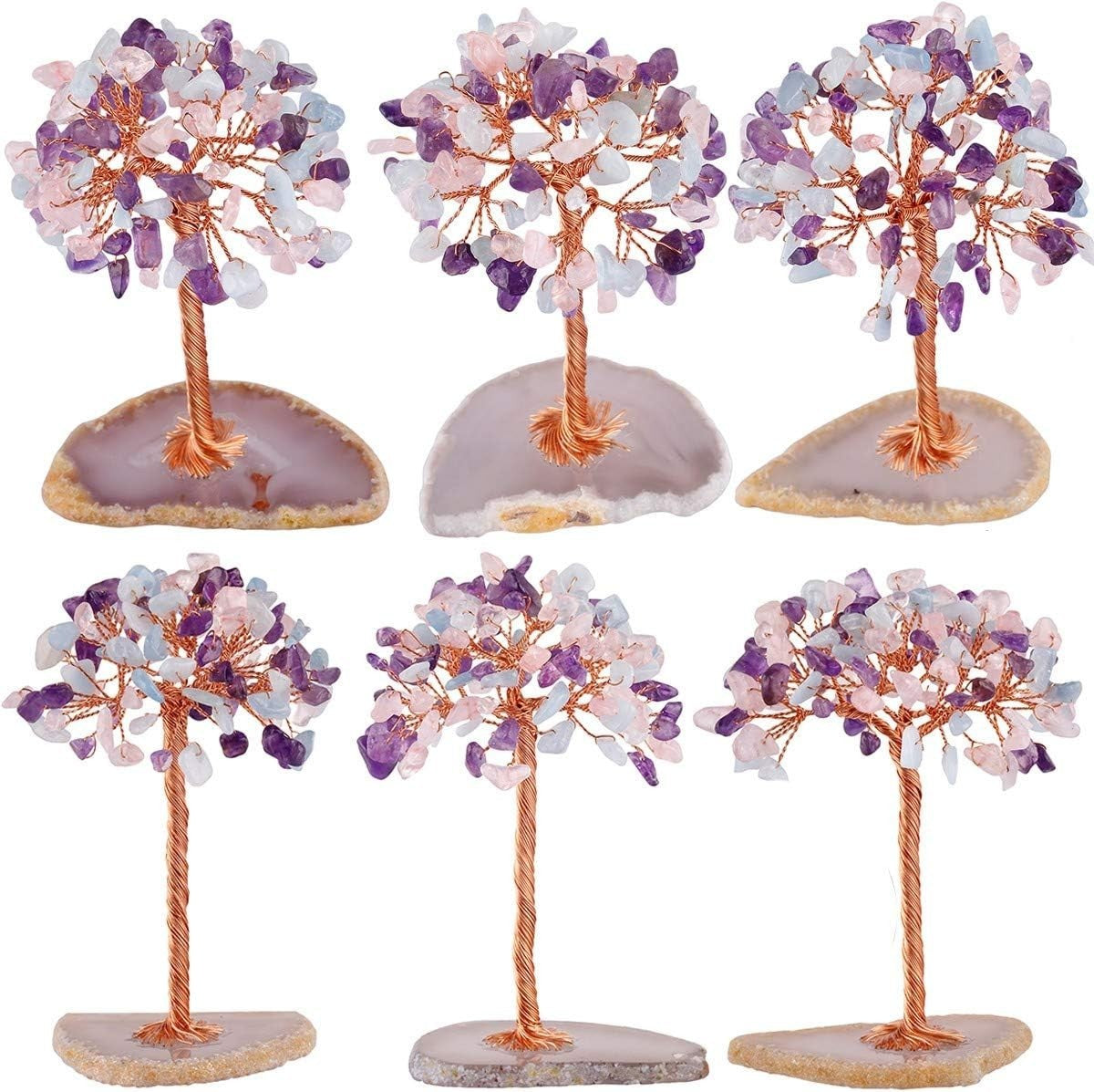 Gemstone Money Tree Healing Crystal Ornament Pink & Purple Agate Base Décor Gift - Kwikley