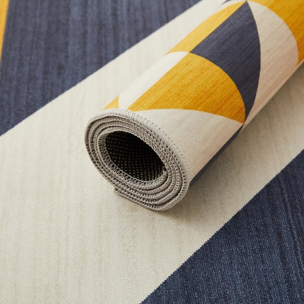 Geometric Runner Rug 80x300cm Yellow Navy Modern Non - Slip Soft Hallway Carpet - Kwikley