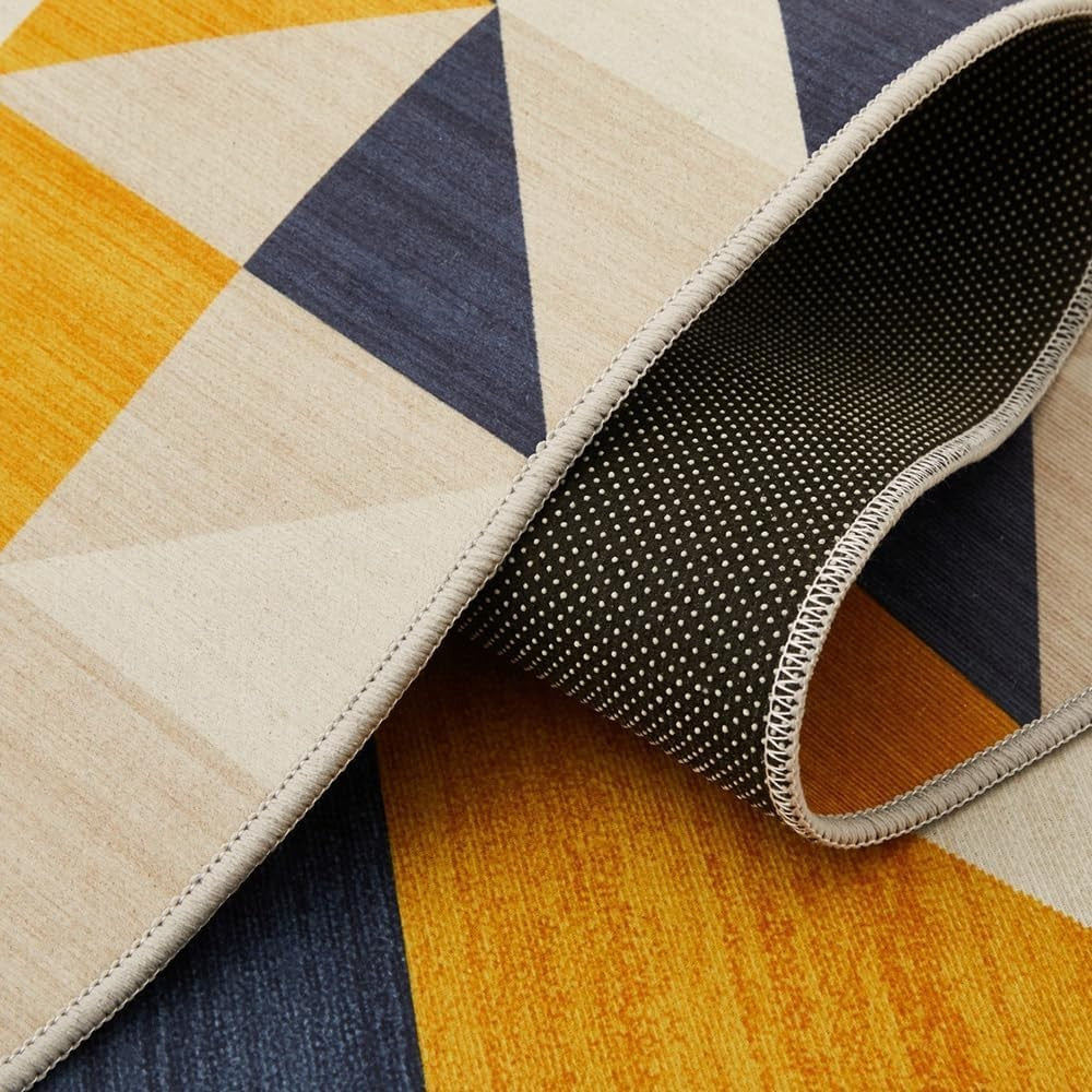 Geometric Runner Rug 80x300cm Yellow Navy Modern Non - Slip Soft Hallway Carpet - Kwikley