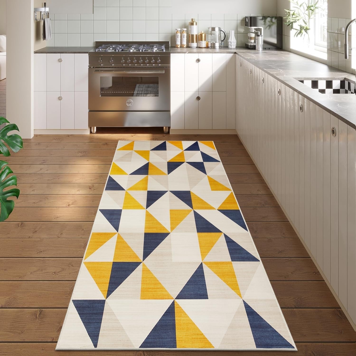 Geometric Runner Rug 80x300cm Yellow Navy Modern Non - Slip Soft Hallway Carpet - Kwikley