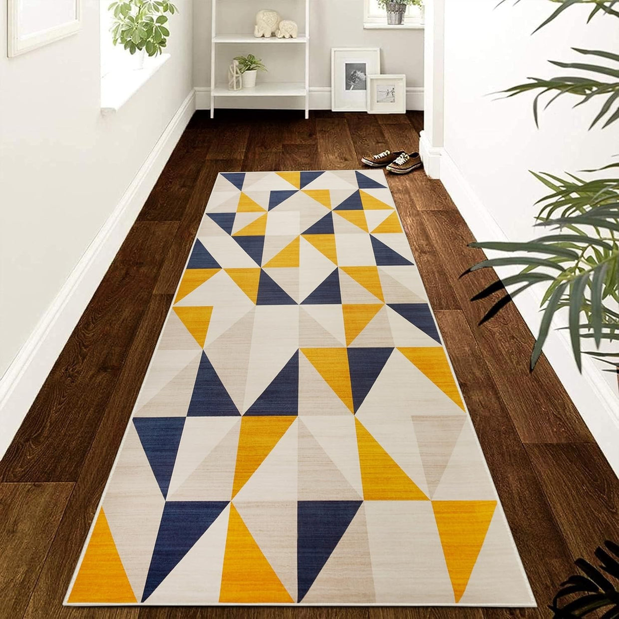 Geometric Runner Rug 80x300cm Yellow Navy Modern Non - Slip Soft Hallway Carpet - Kwikley