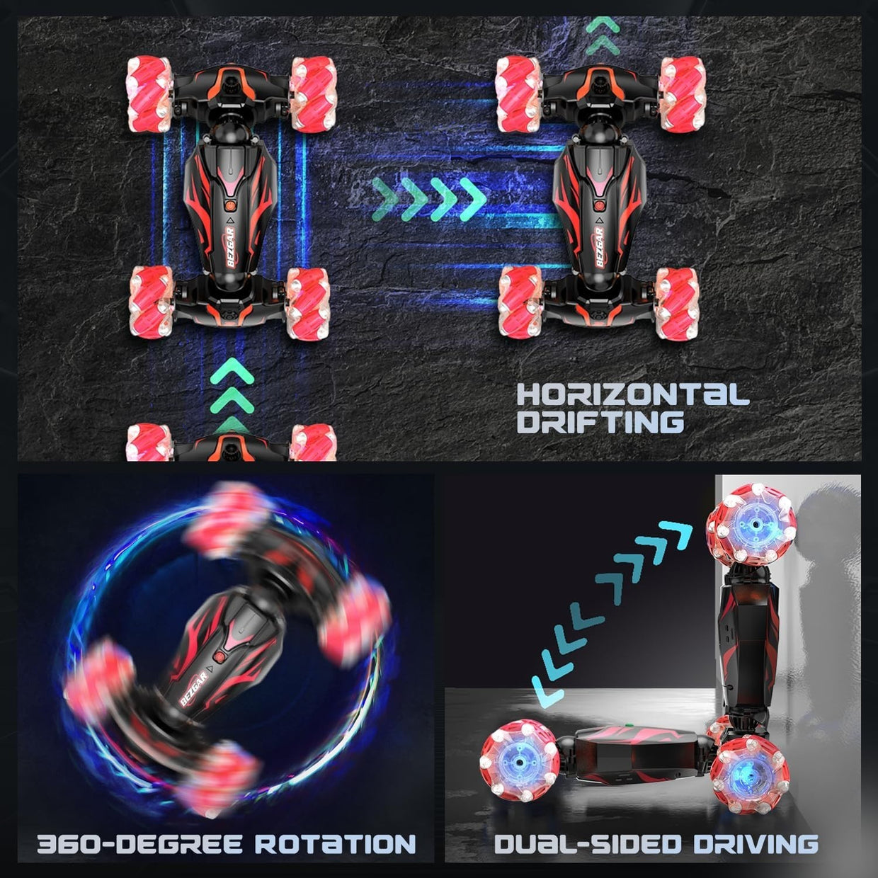 Gesture RC Stunt Car 4WD 360° Flip LED Lights Smoke Sound Rechargeable Toy - Kwikley