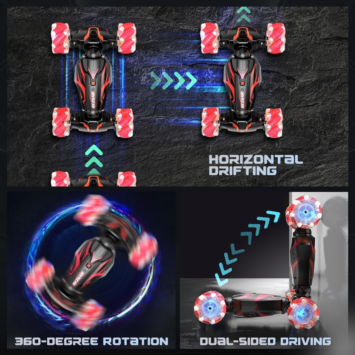 Gesture RC Stunt Car 4WD 360° Flip LED Lights Smoke Sound Rechargeable Toy - Kwikley
