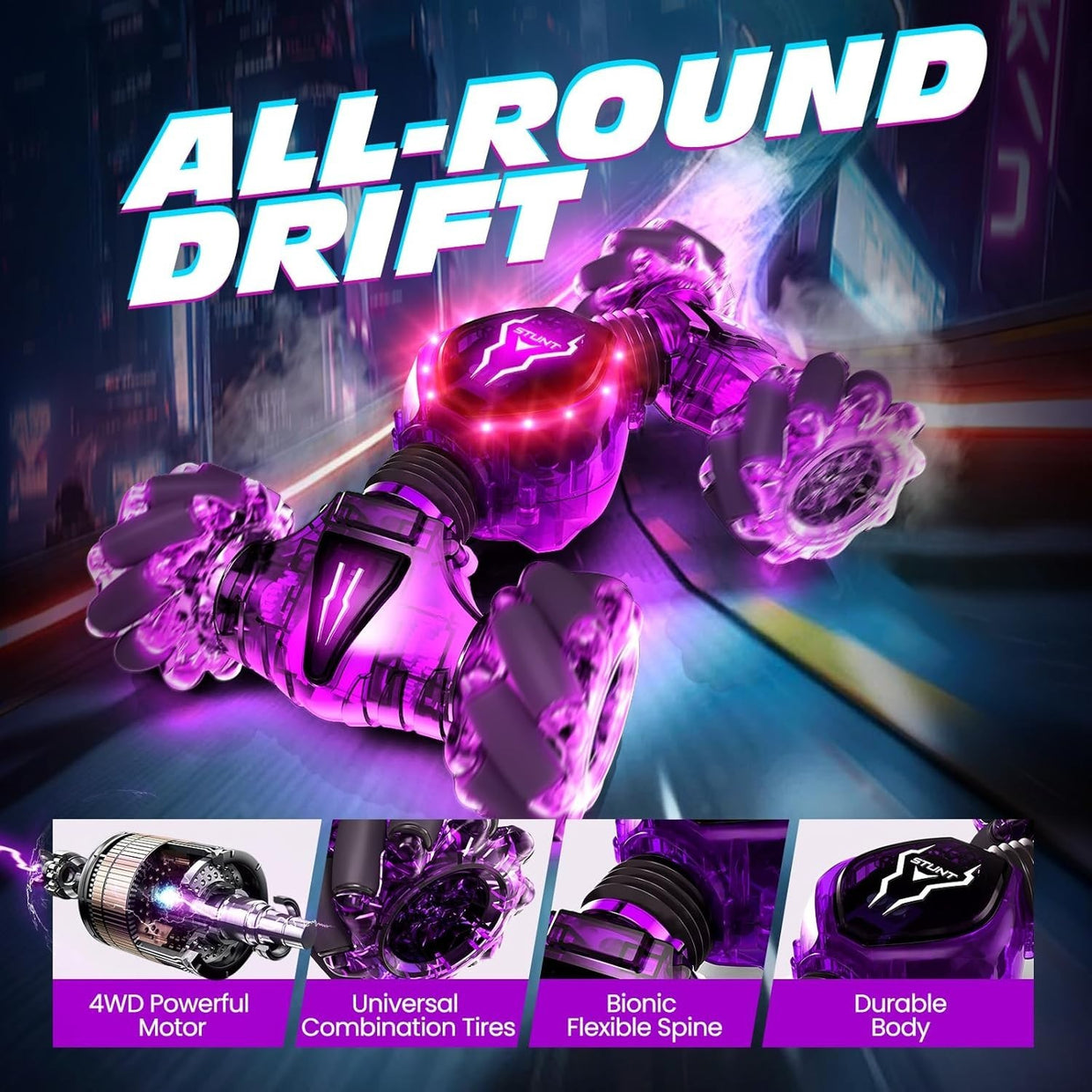 Gesture Sensing RC Car 4WD 360° Drift Toy w/ Hand Control, Lights & 3 Batteries - Kwikley