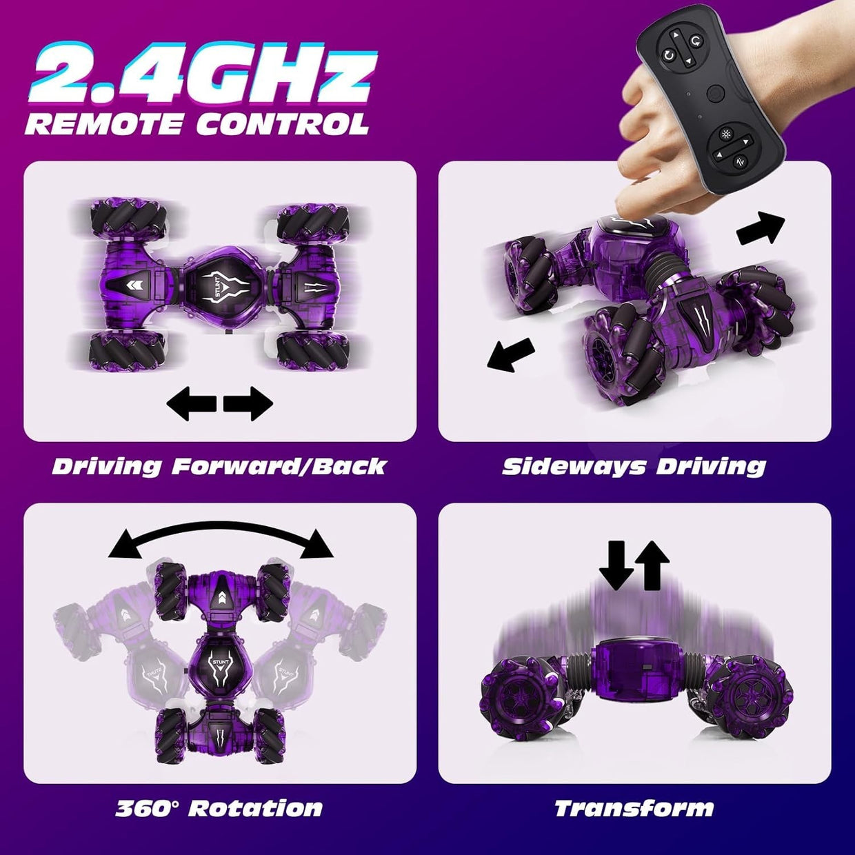Gesture Sensing RC Car 4WD 360° Drift Toy w/ Hand Control, Lights & 3 Batteries - Kwikley