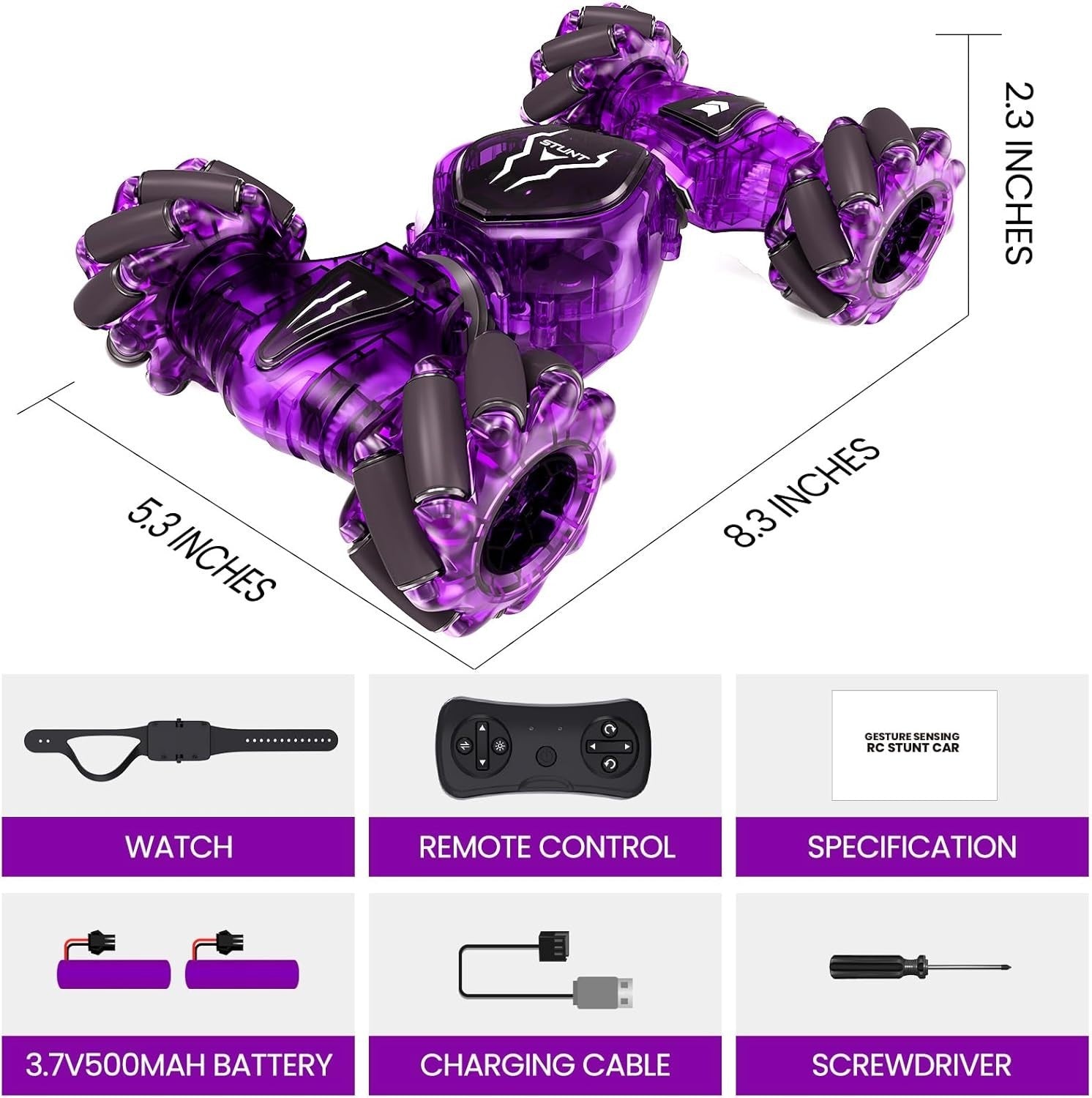 Gesture Sensing RC Car 4WD 360° Drift Toy w/ Hand Control, Lights & 3 Batteries - Kwikley