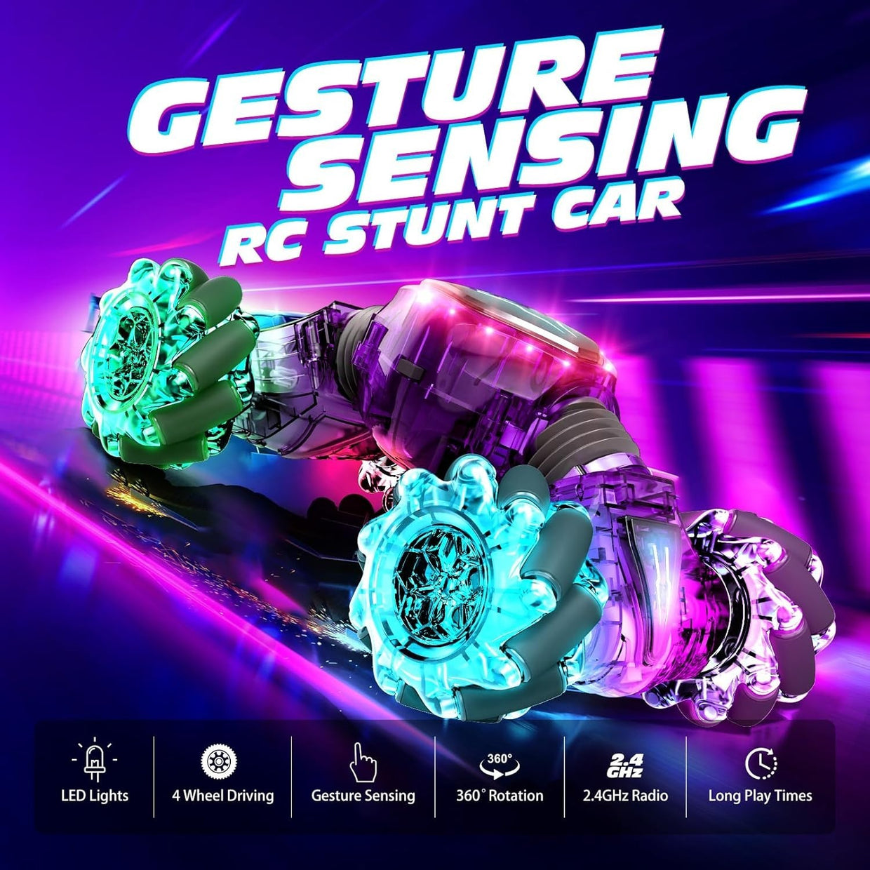 Gesture Sensing RC Car 4WD 360° Drift Toy w/ Hand Control, Lights & 3 Batteries - Kwikley