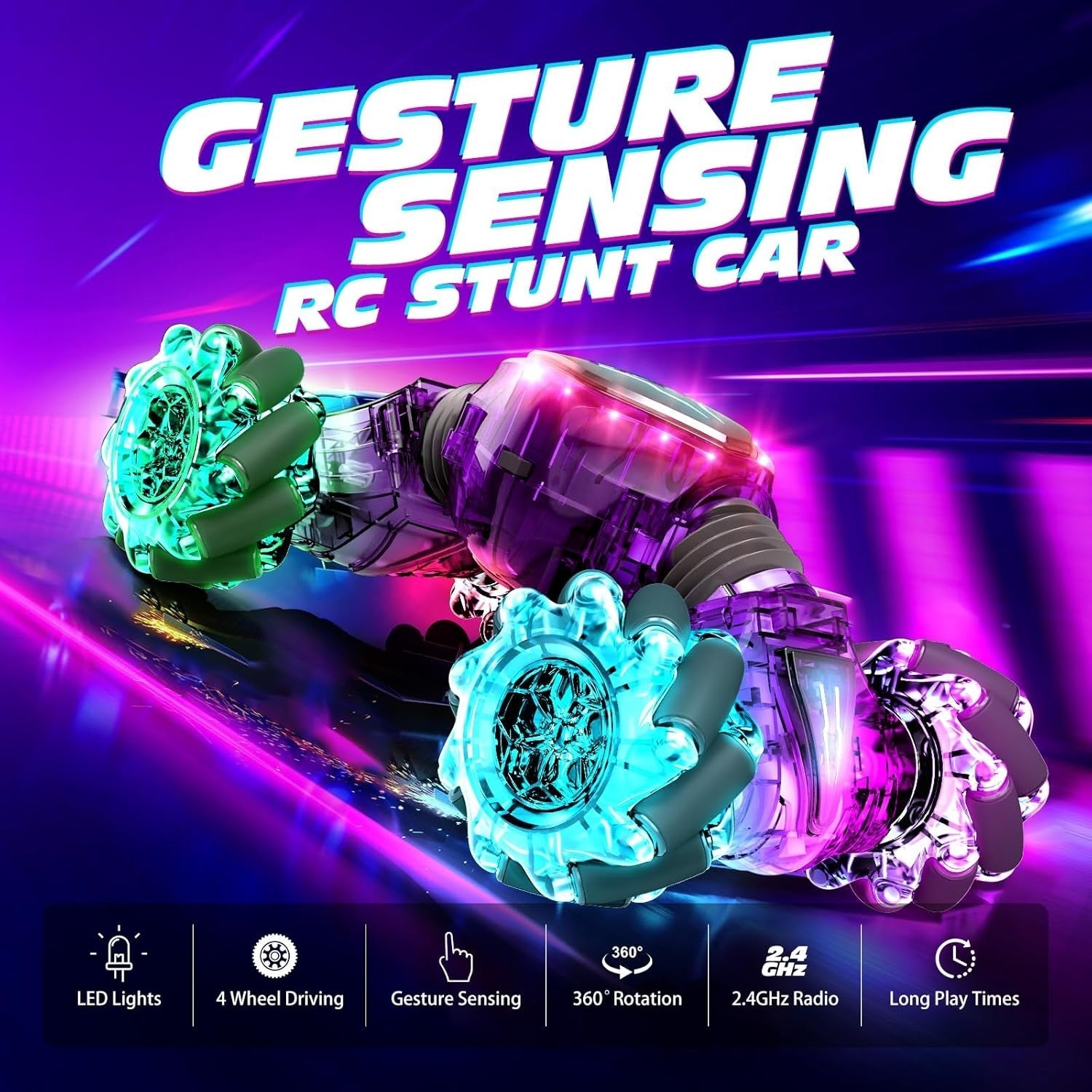 Gesture Sensing RC Car 4WD 360° Drift Toy w/ Hand Control, Lights & 3 Batteries - Kwikley