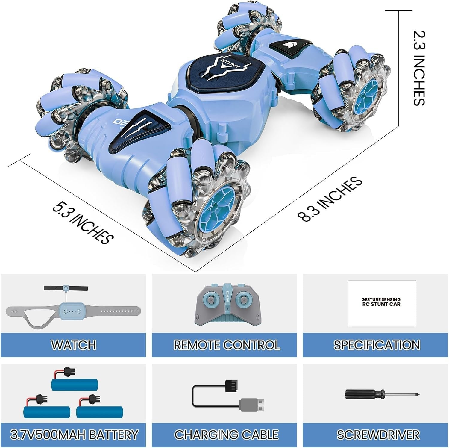Gesture Sensing RC Car – 4WD Stunt Car with Lights & 3 Batteries - Kwikley