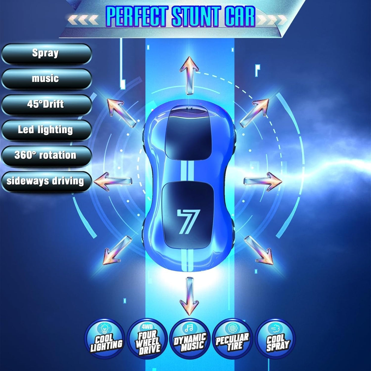 Gesture Sensing RC Stunt Car Lights & Spray – 2.4GHz Drift Car for Kids - Kwikley