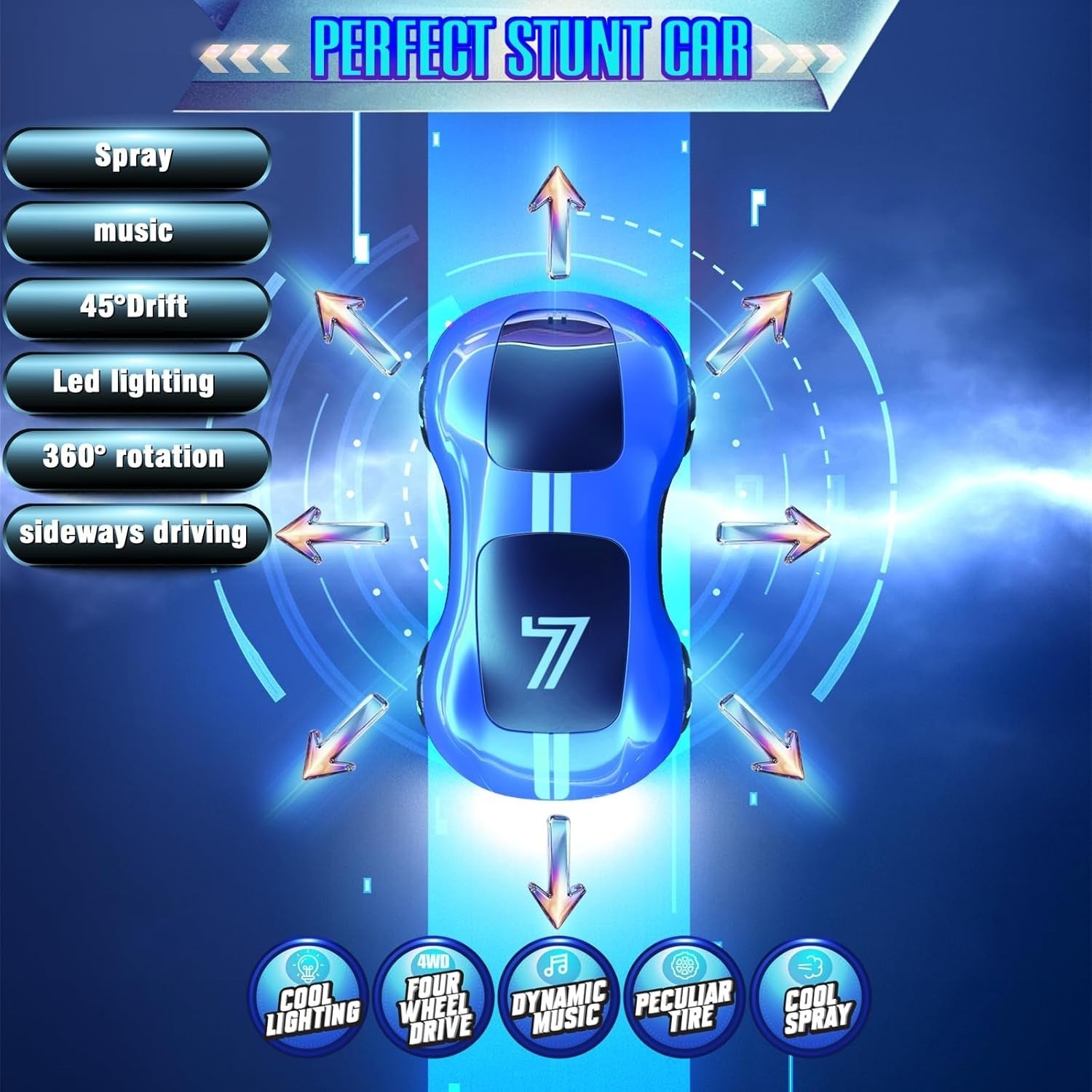 Gesture Sensing RC Stunt Car Lights & Spray – 2.4GHz Drift Car for Kids - Kwikley