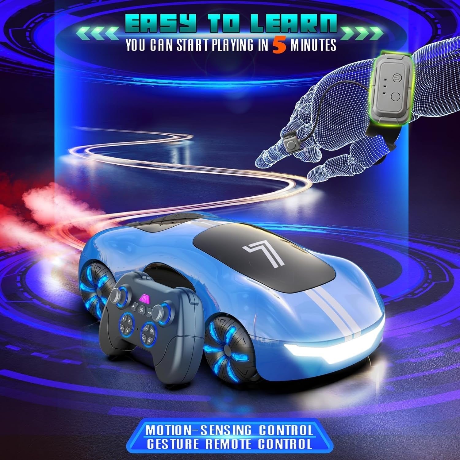 Gesture Sensing RC Stunt Car Lights & Spray – 2.4GHz Drift Car for Kids - Kwikley