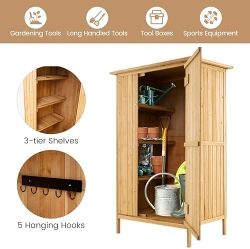 GiantexUK Wooden Garden Shed Tool Storage Cabinet 3 Shelves 5 Hooks - Kwikley