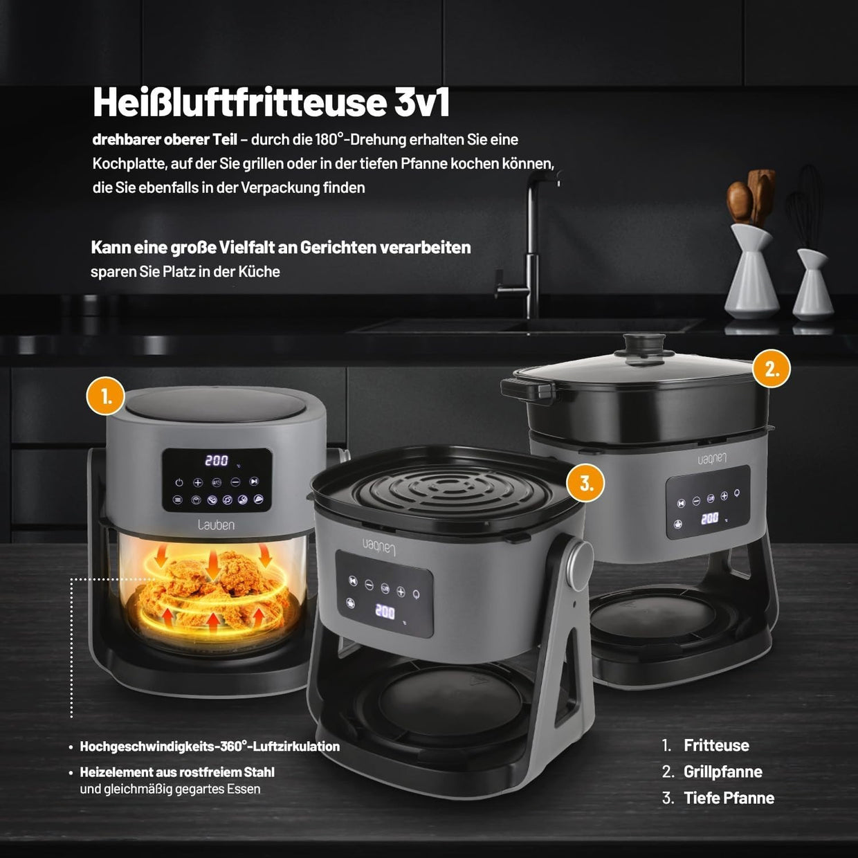 Glass Air Fryer 3 - in - 1 Grill Deep Fryer 6 Presets 360° View Low Fat - Kwikley