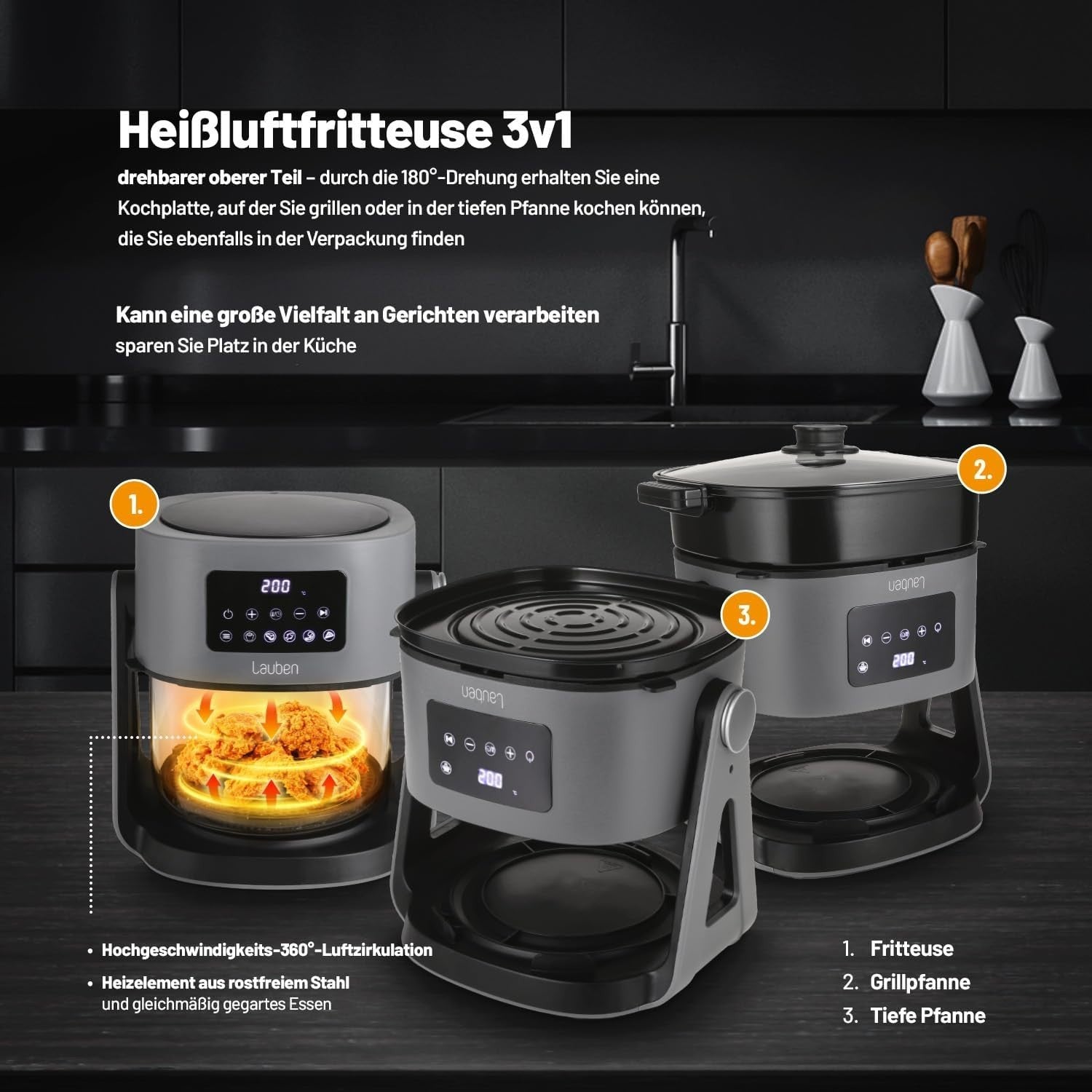 Glass Air Fryer 3 - in - 1 Grill Deep Fryer 6 Presets 360° View Low Fat - Kwikley