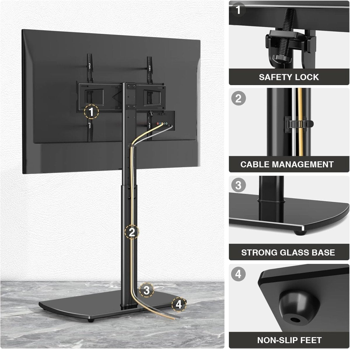 Glass Base TV Stand 32–65” Swivel Mount Height Adjustable VESA 400x400 - Kwikley
