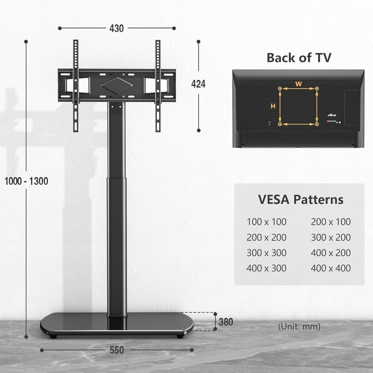 Glass Base TV Stand 32–65” Swivel Mount Height Adjustable VESA 400x400 - Kwikley