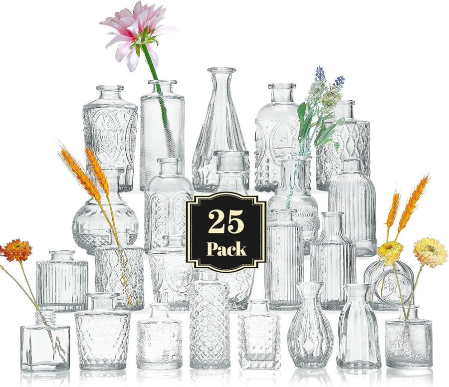 Glass Bud Vase Set of 25 Mini Clear Vintage Flower Vases for Table Decor - Kwikley