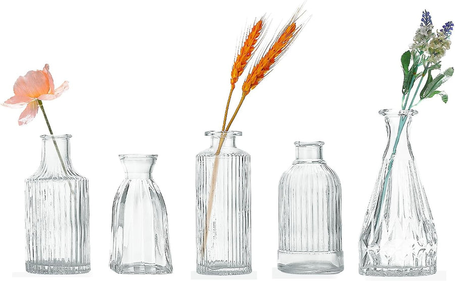 Glass Bud Vase Set of 5 Mini Clear Vintage Flower Vases for Table Decor - Kwikley