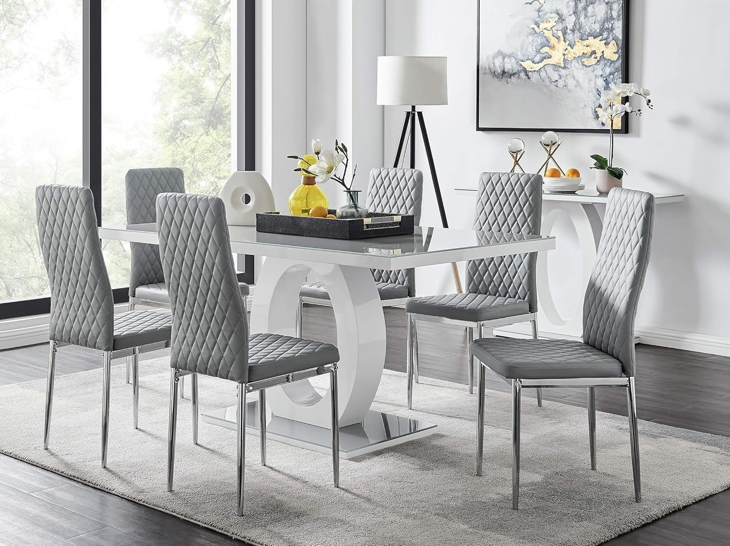 Glass Dining Table & 6 Grey Faux Leather Chairs – Modern High Gloss Set - Kwikley