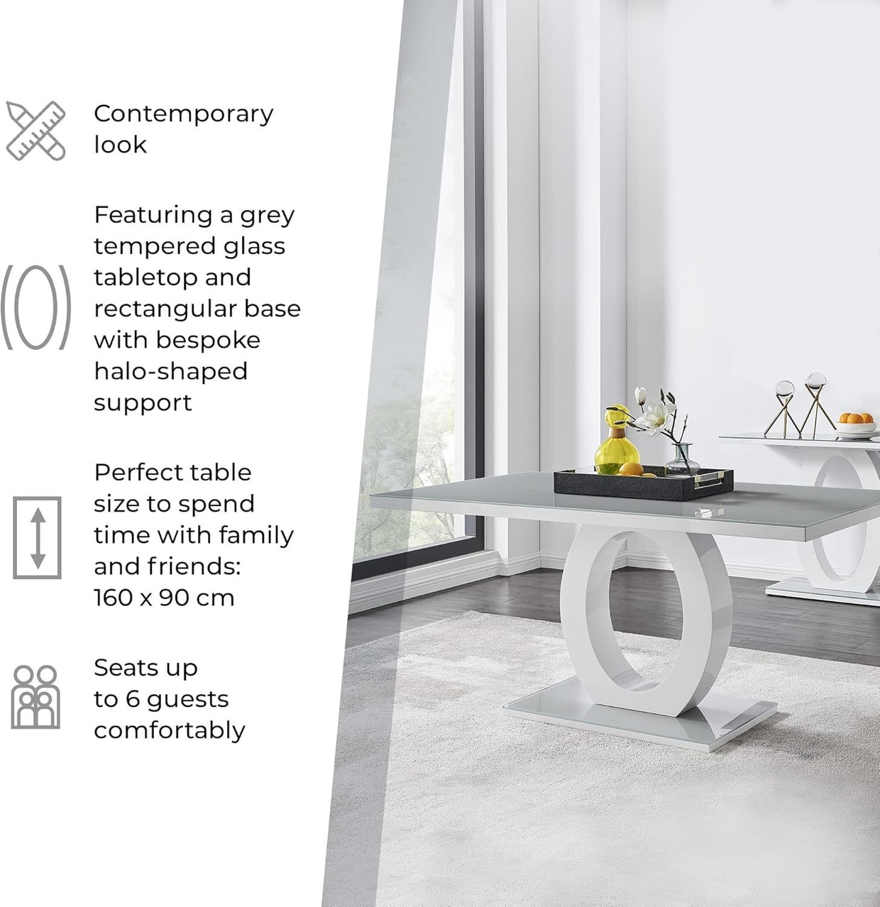 Glass Dining Table & 6 Grey Faux Leather Chairs – Modern High Gloss Set - Kwikley