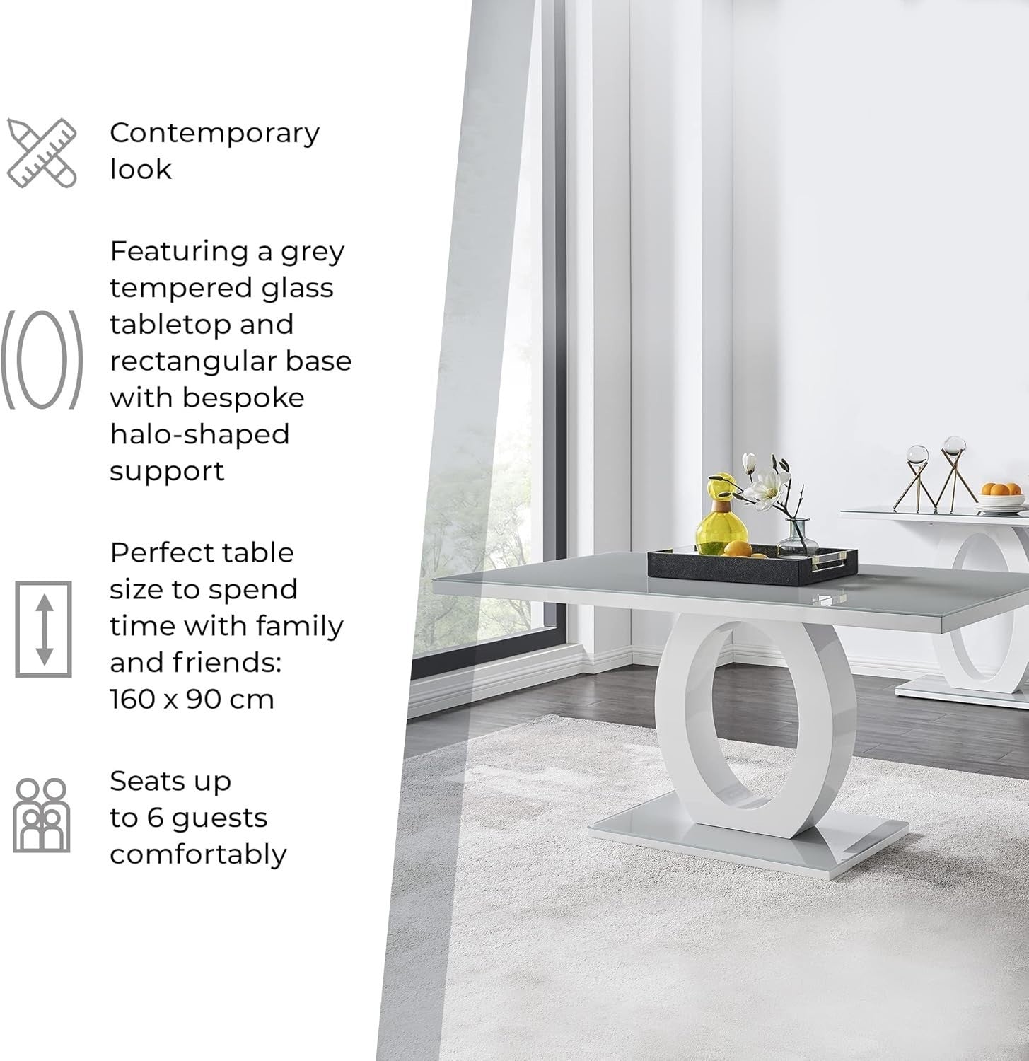 Glass Dining Table & 6 Grey Faux Leather Chairs – Modern High Gloss Set - Kwikley