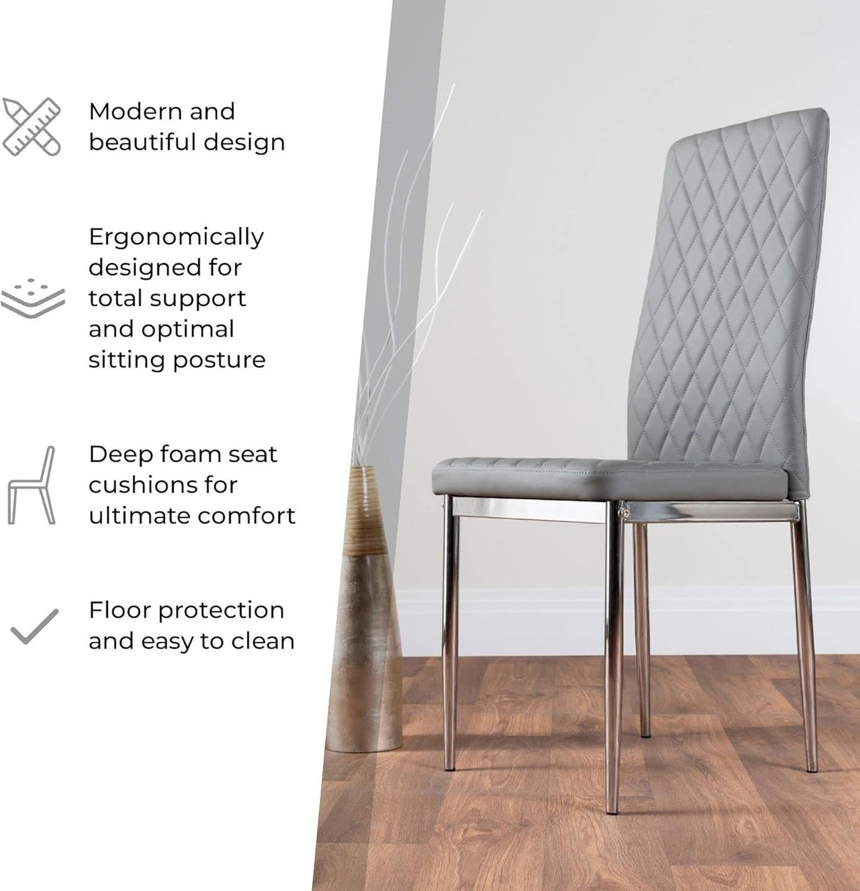 Glass Dining Table & 6 Grey Faux Leather Chairs – Modern High Gloss Set - Kwikley