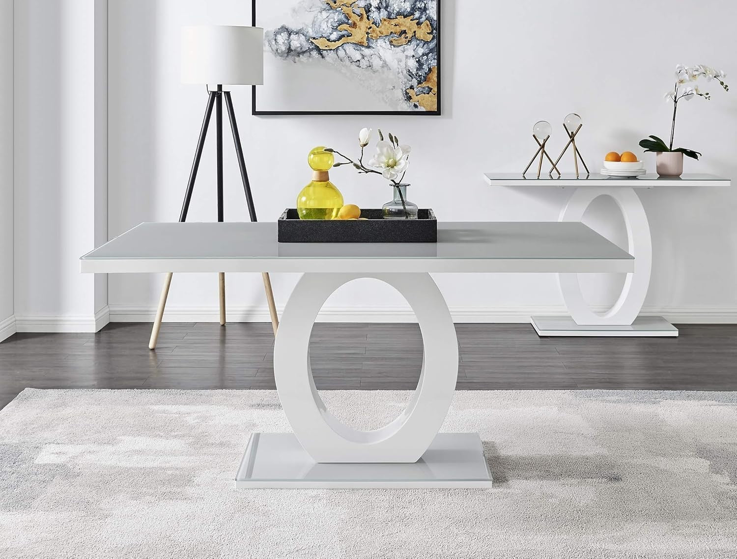 Glass Dining Table & 6 Grey Faux Leather Chairs – Modern High Gloss Set - Kwikley