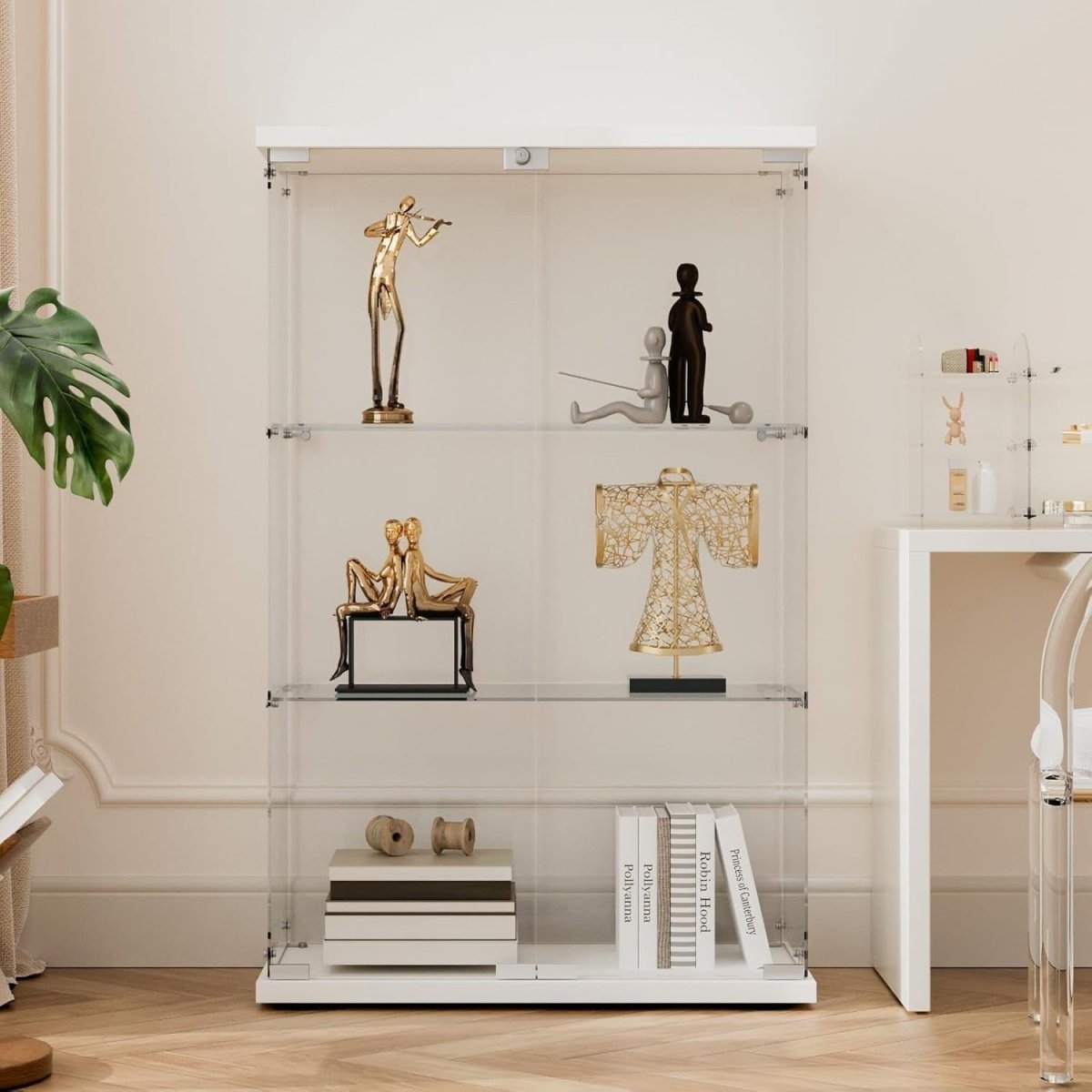 Glass Display Cabinet 49” Double Door Storage with Wood Floor Shelf - Kwikley