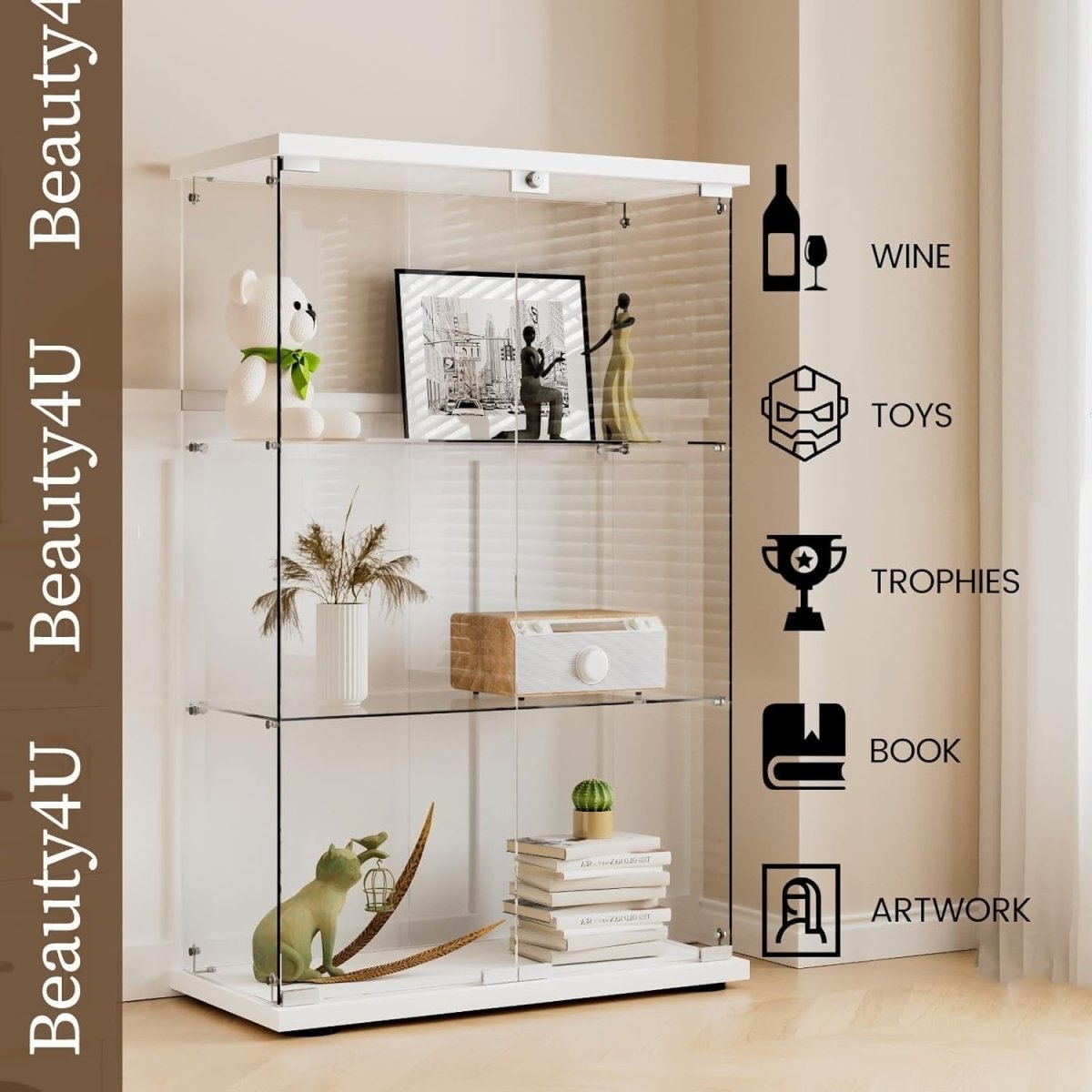Glass Display Cabinet 49” Double Door Storage with Wood Floor Shelf - Kwikley