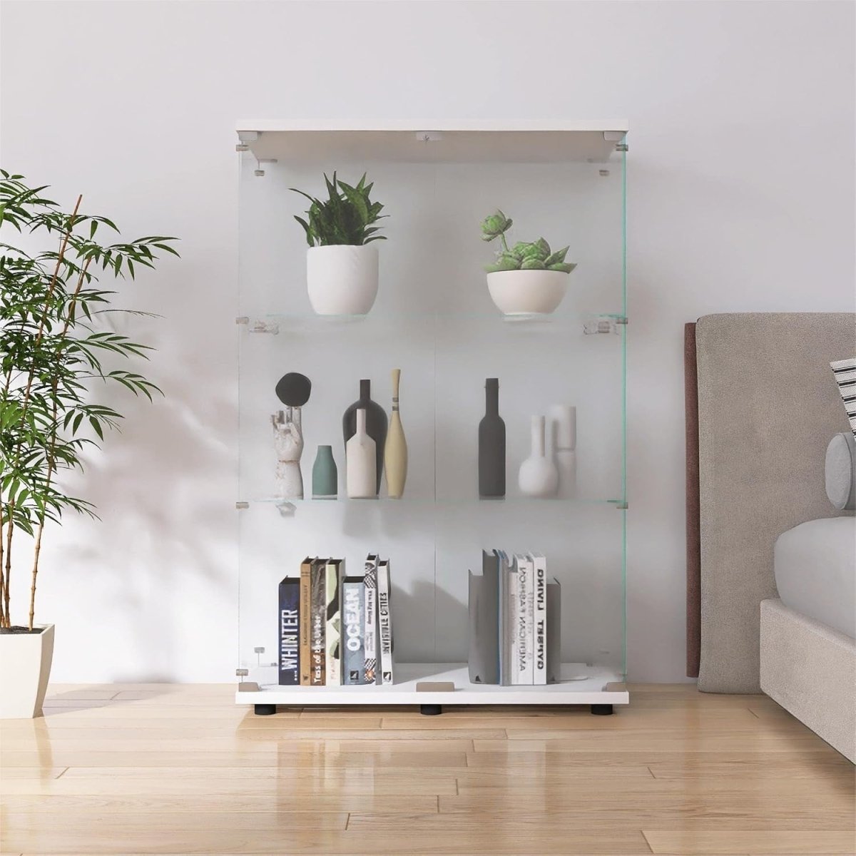 Glass Display Cabinet 49” Double Door Storage with Wood Floor Shelf - Kwikley