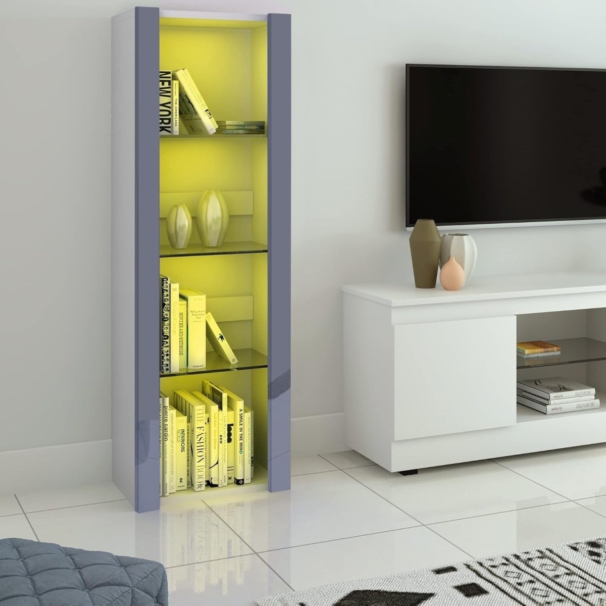 Glass Display Cabinet with LED Light, 3 Tier Shelf, Tall Unit, Grey 165cm - Kwikley